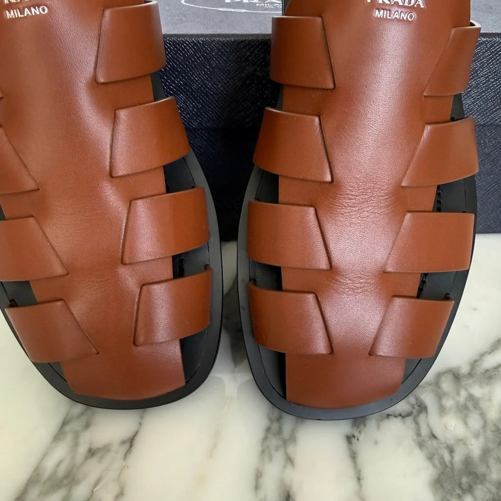 Prada 2X3145 Cognac Leather Fisherman's Mules Sandals Shoes, Sz. US 8.5 (UK 7.5)